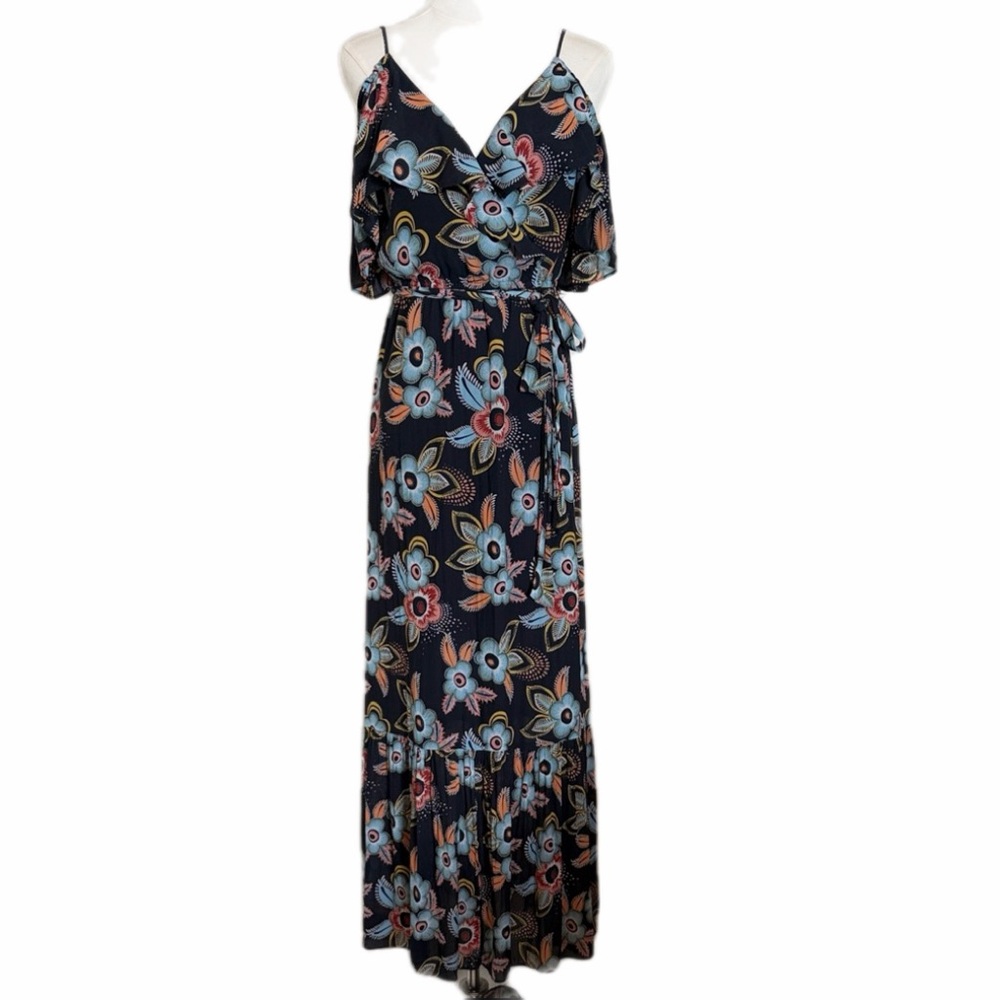 LOFT Navy Floral Cold Shoulder Ruffle Maxi Dress Size XS